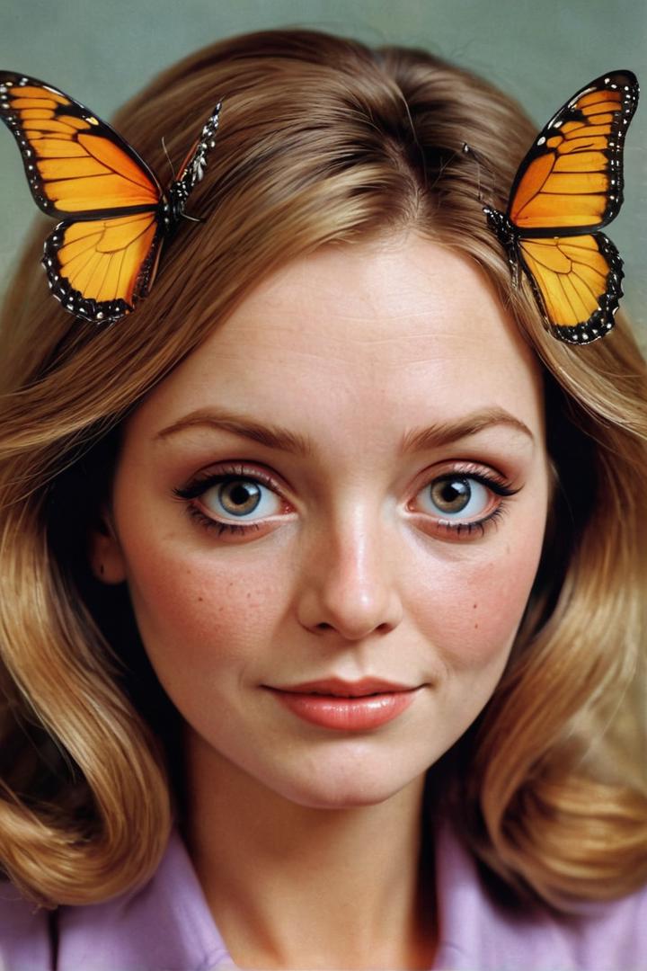 Kate McKinley from "Butterflies Are Free" (1972), a young woman who is blind but independent. absurd caricature, (sexy),