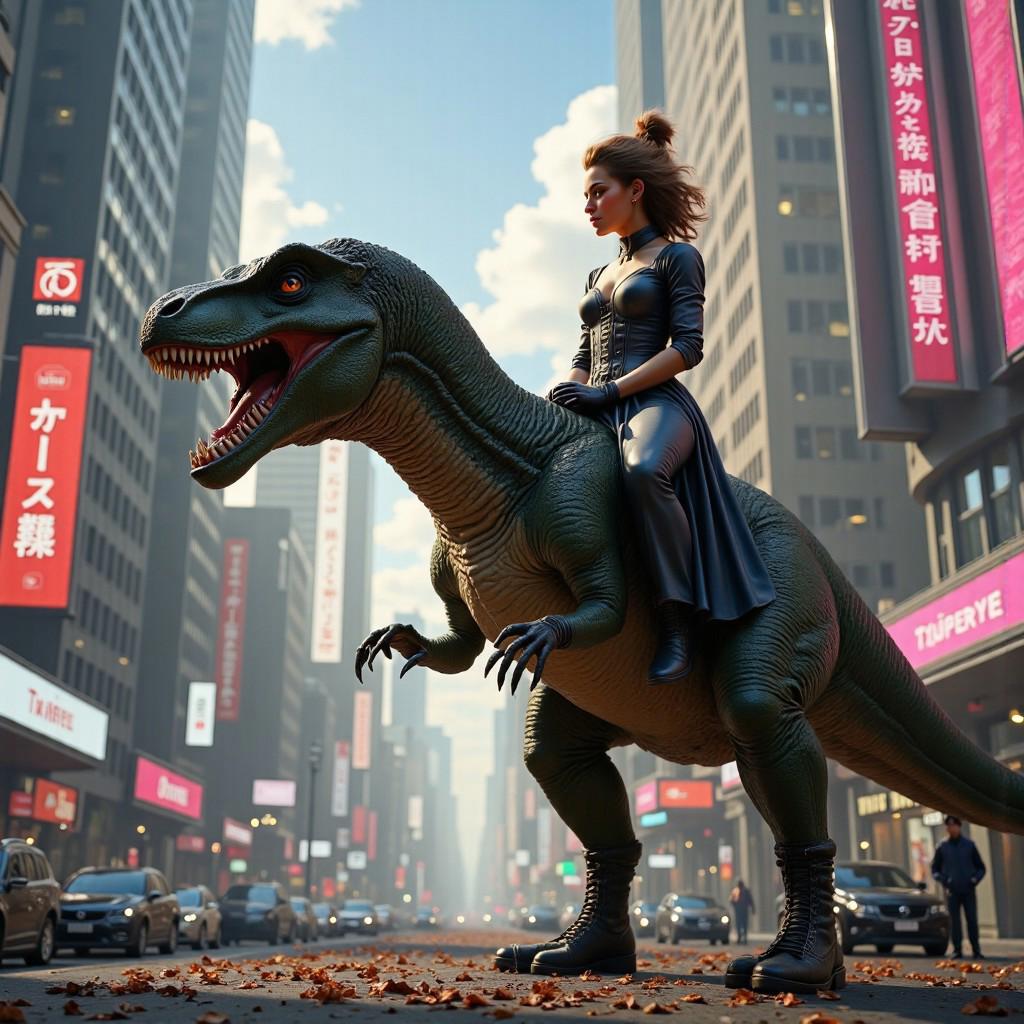 m3m3, Victorian lady riding a dinosaur through a futuristic city filled with neon lights.