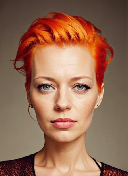 portrait of sks woman by Flora Borsi, style by Flora Borsi, bold, bright colours, orange Mohawk haircut, ((Flora Borsi)), <lora:lora_jeri_v1_from_v1_160:1>