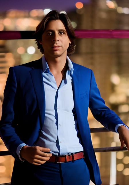 portrait bndr, man, balcony, city at night, suit, white shirt