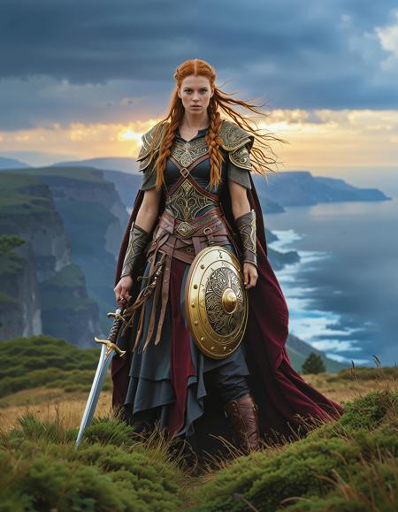 freyja, auburn hair, braided hair, magic, forest, viking queen, mythic beauty, <lora:NBN-Freyja_NordicByNature:0.8>, <lora:NordicByNature:0.8>,Shieldmaiden in Battle, A fierce Viking shieldmaiden clad in chainmail and leather armor, wielding a round wooden shield and a sharp sword. Her braided hair flows in the wind as she stands victorious on a battlefield under a stormy sky. The setting is an ancient Nordic landscape with towering fjords in the background.,low light, soft natural light, Rembrandt style light, Hasselblad DLSR camera, 200mm Zeiss lens, f/2.8, clear focus, high resolution image, ,Sexy pose, erotic pose, exhibitionism, ,The Santorini in Greece with its white-washed buildings and stunning sunsets