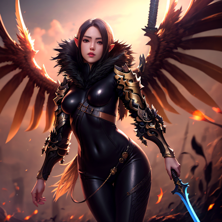 <lora:necro-18:0.6>jinsoyun 1girl, solo, breasts, holding, weapon, wings, pointy ears, sword, holding weapon, armor, lips, bodysuit, shoulder armor,high detailed skin:1.2), 8k uhd, dslr, soft lighting, high quality