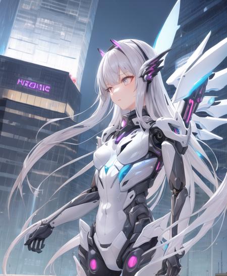 from side,best quality,highly detailed,masterpiece,ultra-detailed,illustration,1girl,silver hair, long hair,floating hair, Exoskeleton tights,mecha, Cyber City,neon buildings,(upper body:1.05), extremely_detailed_eyes_and_face,cybernetic wings,wings, mechanical wings,fighting stance,skyscraper