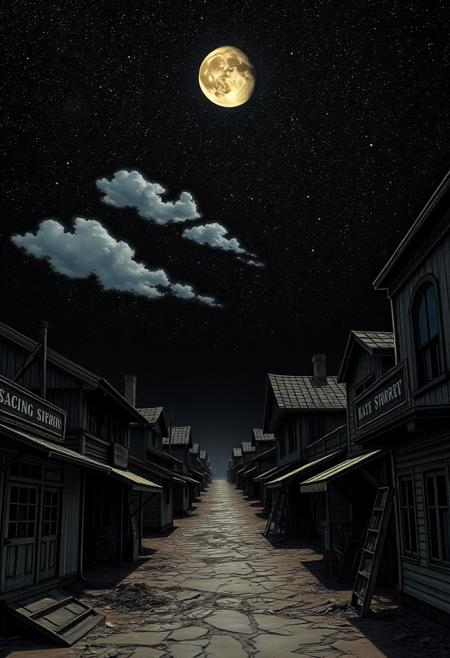 This dirty street slowly follows the slope downhill, leading down to the
even dirtier district by the docks.  Merchants' houses and shops line the road
here, testament to the rich farmlands and lumber resources of this new land.
 The sky is black and the stars shine down brightly. The waning half moon
shines down. A few scattered clouds dot the sky.