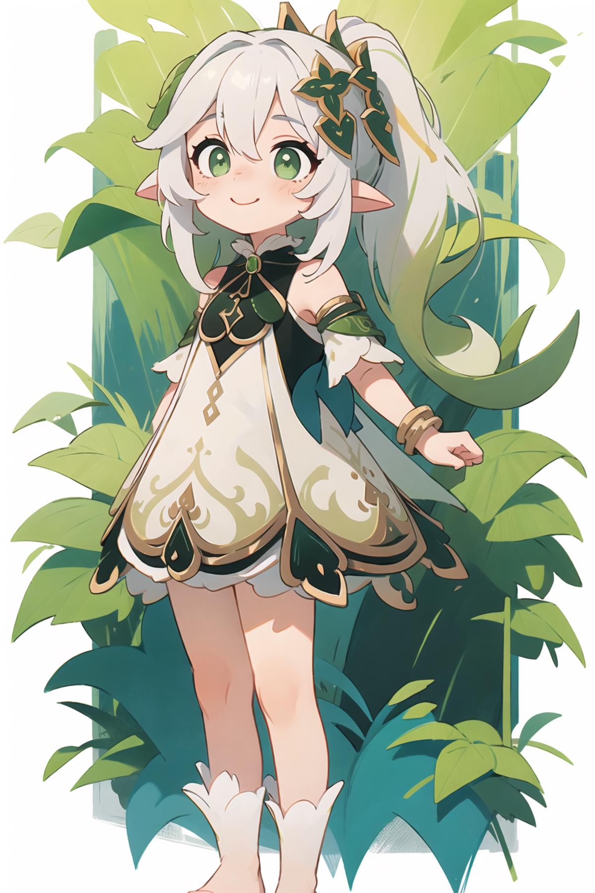 A cartoon character in a white dress and green hair standing in a jungle.