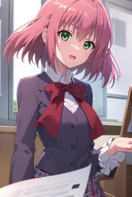 kurimusakurano, <lora:kurimu sakurano s2-lora-nochekaiser:1>,
kurimu sakurano, short hair, ribbon, (green eyes:1.3), hair ribbon, pink hair, ahoge, smile, open mouth,
BREAK skirt, school uniform, plaid, plaid skirt, shirt, white shirt, collared shirt, jacket, long sleeves,
BREAK indoors, classroom,
BREAK looking at viewer, (cowboy shot:1.5),
BREAK <lyco:GoodHands-beta2:1>, (masterpiece:1.2), best quality, high resolution, unity 8k wallpaper, (illustration:0.8), (beautiful detailed eyes:1.6), extremely detailed face, perfect lighting, extremely detailed CG, (perfect hands, perfect anatomy),