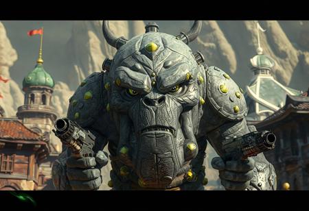 "Immerse yourself in the epic scene of a colossal Gorgonic Golem standing guard in an ancient city. This 4K, hyper-realistic artwork showcases the Golem's detailed face, adorned with green and yellow accents, and equipped with two guns. The city's buildings, including a green one with a white roof, contrast the gray surface, enhancing the playful setting. The Golem's dynamic action pose, vivid emotions, and captivating lighting bring this cinematic masterpiece to life, making it perfect for CGSociety or Artstation's trending page. Experience the intricate detail and photorealistic quality with dynamic lighting and coherent artwork."