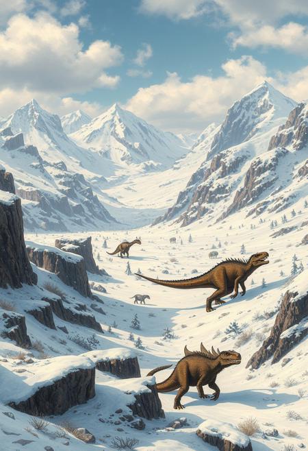 A vast snow-covered countryside, detailed fantasy illustration, prehistoric creatures, realistic dinosaurs, rich earthy tones, meticulous linework, adventure and exploration, rugged landscapes, naturalistic textures, vintage sci-fi influence, lush environments, imaginative realism, dynamic poses, ancient worlds, mythical and historical themes, intricate details