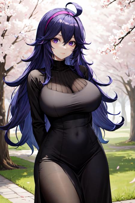 <lora:hex_maniac:1> hex maniac, masterpiece, best quality, highres, aahex,  long hair, ahoge, purple hairband, purple eyes, @_@, large breasts, long dress, black dress, long sleeves,  cherry blossoms, arms behind back, outdoors