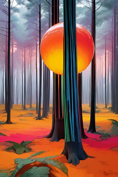 A surrealistic fusion of Reuben Wu's ethereal landscapes with Nick Knight's hyper-realistic models. A Synthetic forest of barcode trees, where creatures with Taro Okamoto's biomechanical limbs frolic and play. The sun sets in vibrant, electric hues, casting long, synthetic shadows that distort the Sharp Focus images of the models. In the distance, a satellite hovers, projecting old school designs onto the landscape, OverallDetail
