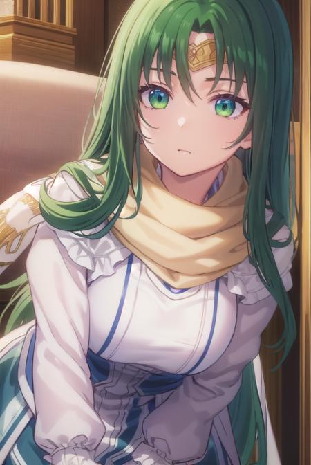 marisamarilis, <lora:maris amarilis-lora-nochekaiser:1>,
maris amarilis, long hair, (green eyes:1.5), green hair, circlet,
BREAK gloves, fingerless gloves, dress, white dress, capelet, cape, scarf, white scarf, long sleeves,
BREAK indoors, castle,
BREAK looking at viewer, (cowboy shot:1.5),
BREAK <lyco:GoodHands-beta2:1>, (masterpiece:1.2), best quality, high resolution, unity 8k wallpaper, (illustration:0.8), (beautiful detailed eyes:1.6), extremely detailed face, perfect lighting, extremely detailed CG, (perfect hands, perfect anatomy),