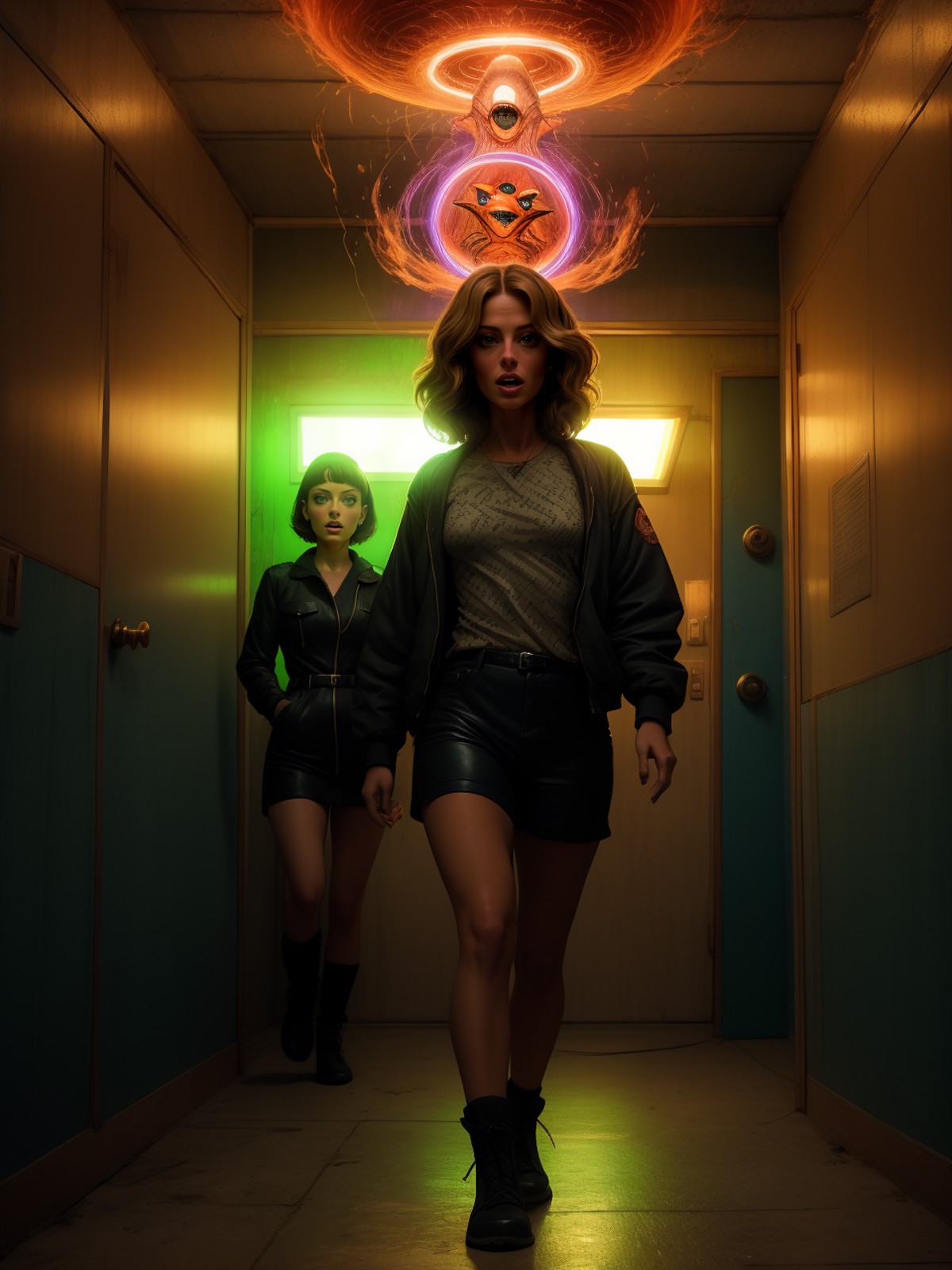 [Aly Michalka|Farrah Fawcett] battling the hypnotoad, Stranger Things Style, by H. R. Giger,