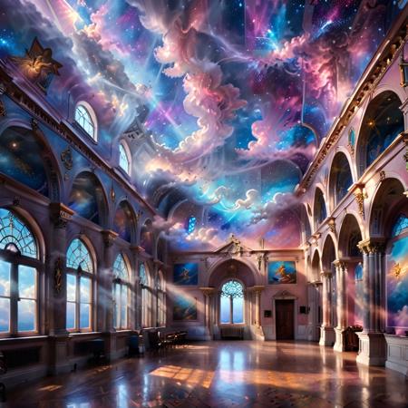 Hyperrealistic hall detailed with religious overtones,sun rays through the windows,ethereal cloud angels with shimmering outlines,vast sky with swirling galaxies,cosmic colors (purples, blues, pinks),(dramatic lighting),mystical atmosphere,majestic,creation,(Michelangelo impression),masterpiece,highly detailed,<lora:RMSDXL_Enhance:0.8>,<lora:RMSDXL_Creative:0.8>,<lora:xl_more_art-full_v1:0.8>,<lora:add-detail-xl:0.8>,<lora:sunlight_str1:1>,