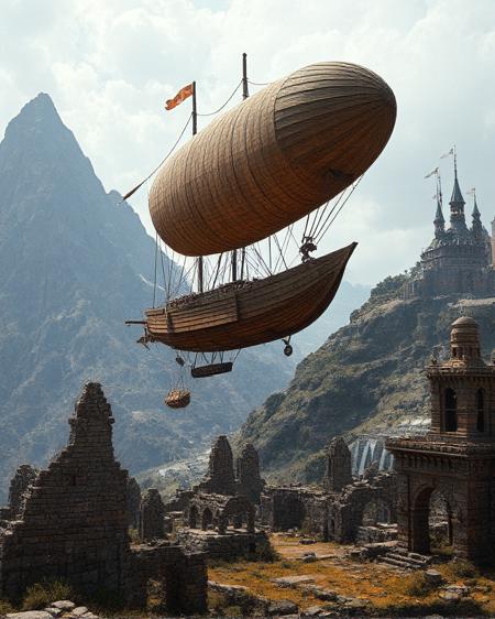 a hyperrealistic image with extreme details of a wooden airship with a balloon, in a steampunk world.  The wooden airship is flying over ancient ruins.  In the background there is a jagged mountain with a steampunk city on the side displaying an airship dock.