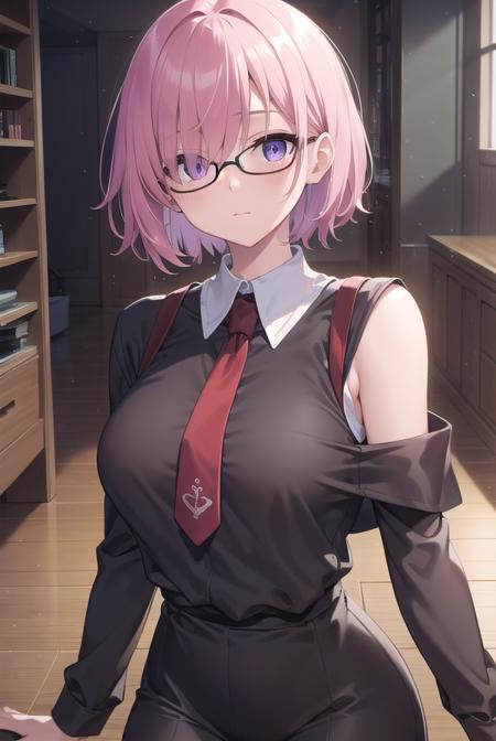 mashkyrielight, <lora:mashkyrielight-lora-nochekaiser:1>, 
mash kyrielight, glasses, hair between eyes, hair over one eye, (purple eyes:1.1), pink hair, short hair,
BREAK hood, shirt, collared shirt, white collar, black shirt, necktie, red necktie, sleeveless, off shoulder,
BREAK looking at viewer,
BREAK indoors, classroom,
BREAK <lyco:GoodHands-beta2:1>, (masterpiece:1.2), best quality, high resolution, unity 8k wallpaper, (illustration:0.8), (beautiful detailed eyes:1.6), extremely detailed face, perfect lighting, extremely detailed CG, (perfect hands, perfect anatomy),