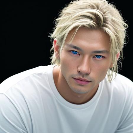 best quality, masterpiece, shot by Fujifilm XT, DOF, f1.2, 18mm, ray lights, ultra realistic, 1man, asian-european racial man, close up portrait of Chojin Locke character, mid 20s, intricate eye details, mesmerizing eyes, blue eye and green eye, (super Saiyan blonde hairstyle), sad, determined, vague, superior, powerful, lowkey, simple t-shirt, mysterious space background