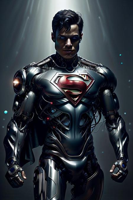 cinematic film still silverpulse, cyborg Superman, Kal-el, 'S' Logo on chest, red cape, simple background, high quality, artistic, vibrant colors, detailed textures. futuristic sleek/glossy silver and blue glow, vibrant colors, detailed textures., Concept art, cyborg, background, vintage, modern, SilverPulse, superman_oc, <lora:SilverPulseMorphXL:0.8>, excellent composition, artistic, highly detail, holy, sunny, dynamic dramatic beautiful full taking . shallow depth of field, vignette, highly detailed, high budget, bokeh, cinemascope, moody, epic, gorgeous, film grain, grainy, front view,
