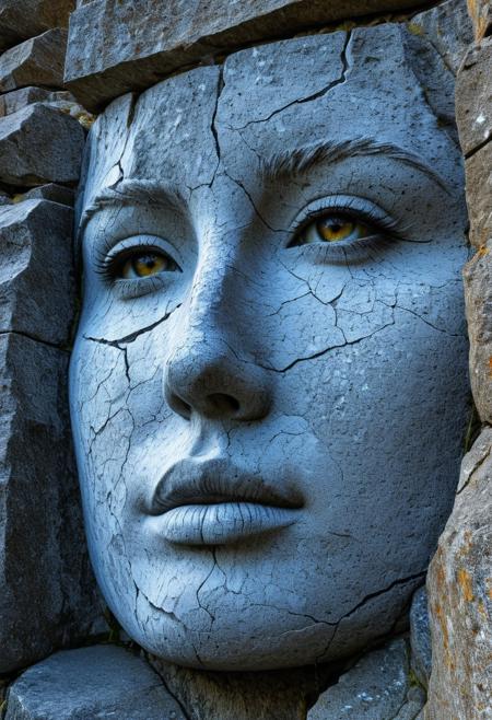 close-up Create a striking and thought-provoking composition on a very large stone face etched into a rock cliff, rock flaking,