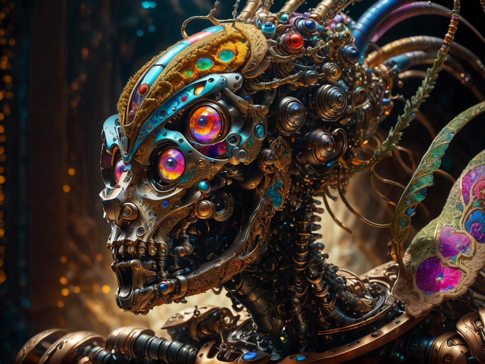 A robotic head with colorful jewels and gears on its face.