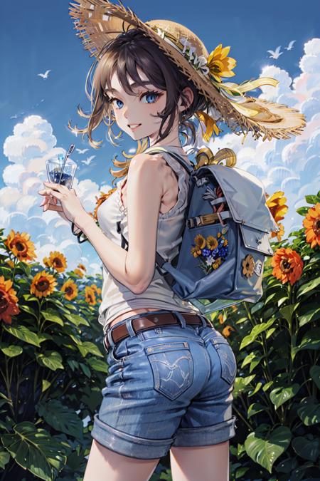 1girl, flower, hat, shorts, blue eyes, solo, sunflower, smile, bag, looking at viewer, straw hat, cloud, denim, brown hair, sky, ass, long hair, blue shorts, cowboy shot, outdoors, yellow flower, shirt, hat flower, denim shorts, tank top, backpack, white shirt, blue sky, sleeveless shirt, sleeveless, short shorts, day, belt, bare shoulders, basket, looking back, breasts, white tank top, black hair, ponytail, holding strap, parted lips, brown headwear<lora:Kaisen:1>