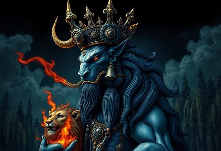 "Create an ultramarine and black centered, highly detailed, golden ratio composition. Feature a zentaur in a regal pose with a prince crown of black gears. Incorporate a fire lion and a forest of willow trees. This should be a full body portrait with intricate details, aiming for a lifelike result. Draw inspiration from artists like Tooth Wu, wlop, and beeple, and consider a character concept art or film still approach."
