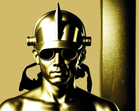 <lora:hands_of_midas_v4:0.5>,a man with a helmet on his head and a helmet on his head is standing in front of a wall, hat, realistic, sepia, solo, goldpaint, head-mounted display, Mushki, Bronze figures, metalfigure