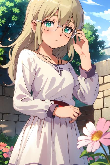 (masterpiece:1.2), best quality, high resolution, unity 8k wallpaper, (illustration), extremely detailed face, perfect lighting, extremely detailed CG, beautiful detailed eyes, 1girl, solo, <lora:Jeanne_Inazuma:0.8>, jeanne, standing, blonde hair, cowboy shot, necklace, glasses, looking at viewer, green eyes, white dress, frontal view, field of flowers, outdoor, from below:1.2, adjusting eyewear, blush, surprised