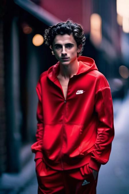 Timothe Chalamet a man <lora:Timothe-Chalamet-000002:1>, realistic photo in a worn ((skin-revealing skimpy erotic red tracksuit, massive hairy pecs)), big pecs, big arms, bulge, VPL, ((light bokeh)), intricate, (steel metal [rust]), elegant, erotic, exuding sexual energy, homoerotic, sharp focus, photo by greg rutkowski, soft lighting, vibrant colors, (masterpiece), ((streets)), (detailed face), looking at viewer, light smile, night, walking towards viewer, cinematic lighting, beautiful lighting, cinematic lighting, (hazy filter, film grain:1.2)