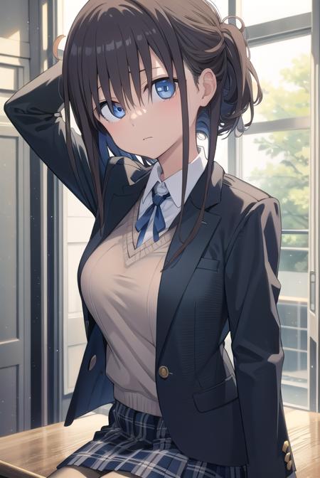 maegamichan, <lora:maegamichantest:1>, maegamichan, blue eyes, brown hair, hair over eyes, short hair,
BREAK blazer, jacket, pantyhose, plaid, plaid skirt, pleated skirt, school uniform, skirt, thighhighs, uniform, vest,
BREAK looking at viewer,
BREAK indoors, classroom,
BREAK <lora:GoodHands-vanilla:1>, (masterpiece:1.2), best quality, high resolution, unity 8k wallpaper, (illustration:0.8), (beautiful detailed eyes:1.6), extremely detailed face, perfect lighting, extremely detailed CG, (perfect hands, perfect anatomy),