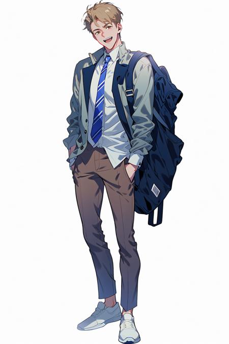 Character standing drawing,modern design,1boy,male focus,necktie,pants,bag,solo,jacket,white background,shirt,open mouth,shoes,smile,ball,full body,simple background,white footwear,brown pants,hands in pockets,short hair,white shirt,sneakers,blue necktie,standing,blonde hair,brown eyes,grey jacket,backpack,collared shirt,<lora:xiandai:0.8>,