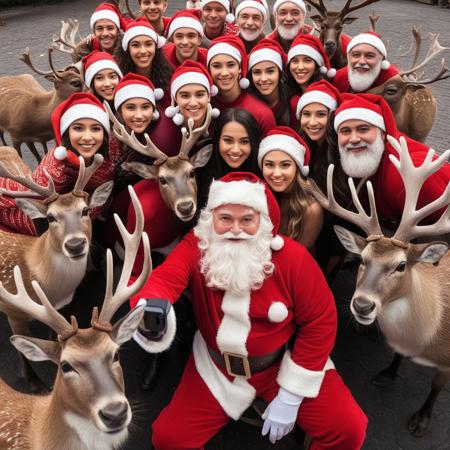 Selfie with several Santa reindeer with Santa in the center of the image