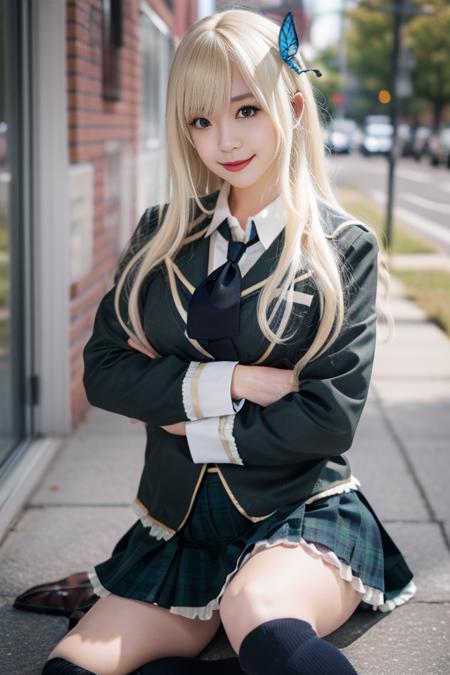 ultra-detailed,highly detailed,best quality,masterpiece,illustration,
kashiwazaki Sena, 1girl, solo,cosplay,st. chronica academy school uniform,
blue eyes,blonde hair, long hair, large breasts, bangs, 
black socks, loafers, kneehighs, plaid skirt, butterfly hair ornament, green skirt, jacket, necktie, long sleeves, pleated skirt, blazer, khaki shirt, lace trim, 
smile,looking at viewer,cowboy shot, 
photo background, 
 <lora:kashiwazaki Sena_v1_06:0.7>