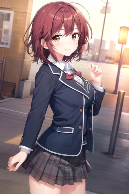 ((masterpiece)),(best quality),official art,extremely detailed CG,unity 8k wallpaper,ultra detailed,beautiful detailed eyes,extremely detailed face,1girl,solo,cowboy shot,looking at viewer,facing viewer,standing,smile,Amahoshi Yuina(skrk),medium hair,red hair,messy hair,side swept bangs,brown eyes,school uniform,blazer,blue jacket,open jacket,wing collar,long sleeves,grey sweater,medium breasts,collared shirt,white shirt,grey skirt,miniskirt,pleated skirt,plaid skirt,white socks,loafers,<lora:Amahoshi Yuina(skrk):0.6>,