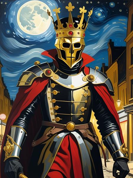 an oil painting of a fantasy evil knight silhouette on the street, style of van gogh, starry night vibes, expressionism, gloomy, dark tones, unforgettable, dark fantasy, fantasy, emotional depth. (vibrant masterpiece, (8k1.5), UHD, very detailed, high-quality, best artist, sharp edges, detailed textures, full view, atmospheric lighting, stunning visuals, <lora:NatureLandscapePainting01_Hap_XL:2.8>, <lora:add-detail-xl:0.5>,  , 16k, raw, (ultra high picture quality), (intricate details), (strong fisheye lens photo/ intense fisheye view photo), ((bottom lit/)/(underlighting)), full body,  large view, ((dynamic photograph of a giant macabre riveted chrome and gold mechanical deity ) (tall jewelled mitre crown) (black and red smock), (holding a long (was-sceptre) stylized sceptre of power with an animal head at the top), ( is destroying the city)), (outside late at night during an electrical storm),