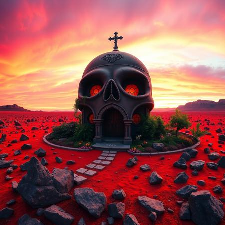 wide angle landscape image of an intricately designed, gothic-inspired house shaped like a human skull, with a grand, ornate entrance in its mouth and two circular windows resembling eyes, stands alone in a crimson-hued plain littered with jagged rocks. a neat garden surrounds the house, adorned with vibrant, curly vines and exotic flowers, as the sky above is set aflame by a vivid, pink-orange-purple sunset, casting a warm, golden glow over the entire scene