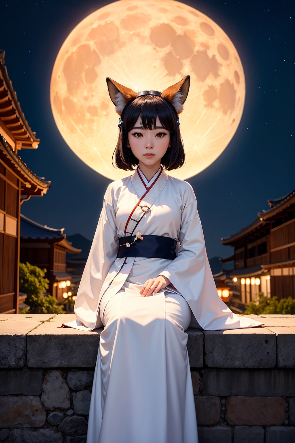 foxgirl watching night sky, watching moon, wearing a hanfu