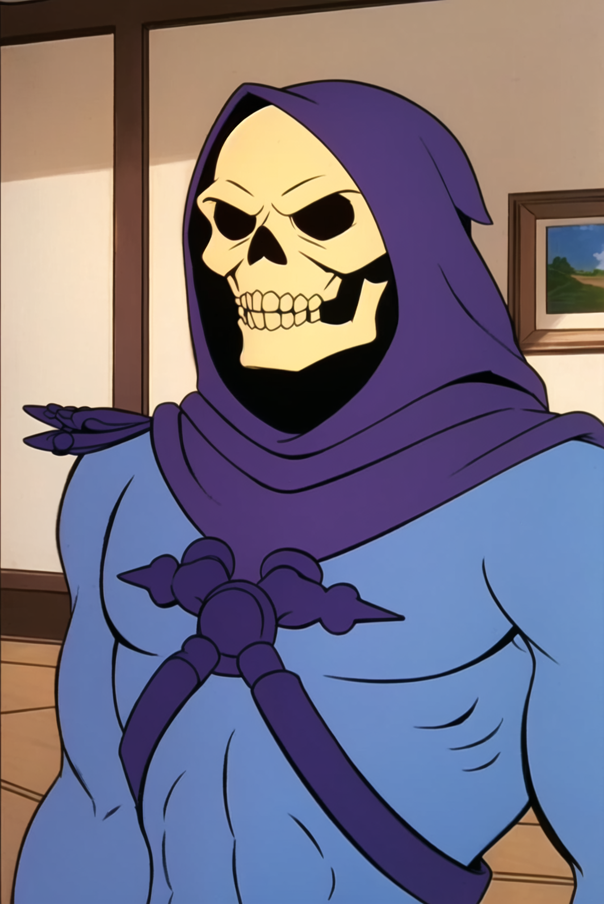 An animated skeleton warrior in a blue and purple robe with a scythe.