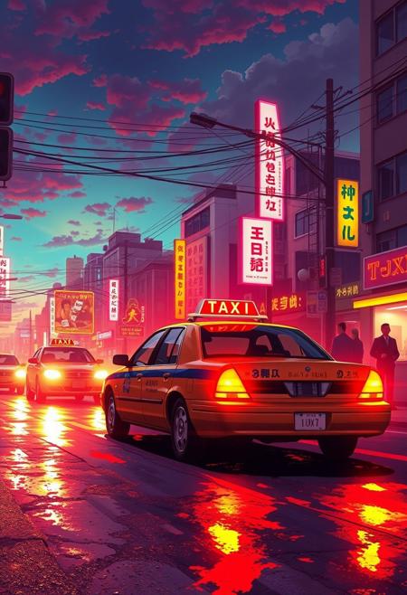 Taxi to hell, vibrant glow,  anime