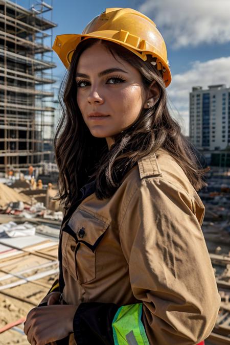 halloween costume ,  construction site , day  <lora:Monica1873Barbaro:1> masterpiece, best quality, detailed face, 1girl, solo, a woman, m1873b,