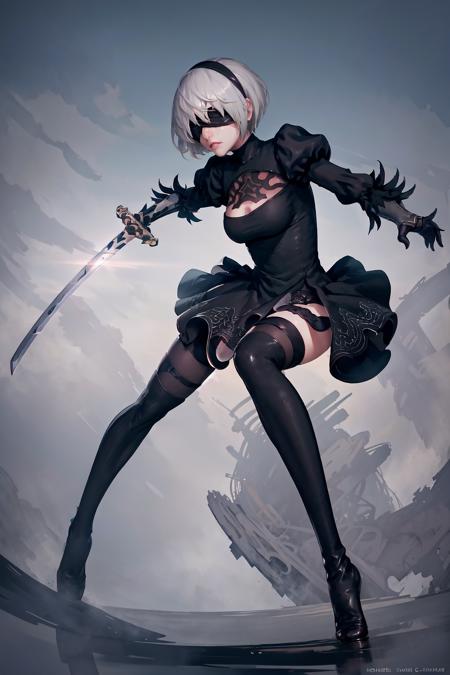 High Quality, Masterpiece, 1girl, solo, KatanaOneHand, holding, <lora:UBWKatanaOneHand:1>, strike pose, blade down, blade right hand, n_2b, blindfold, black blindfold, large breasts, <lora:Char_Nier_2B:0.8>