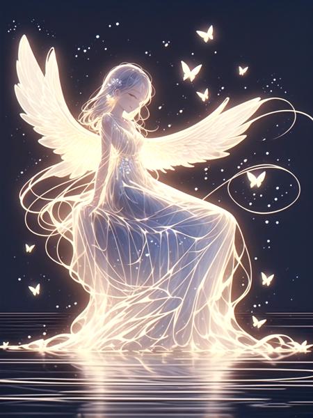 <lora:memghuanzhijing-000010:0.8>,guchen,dreamy,1girl,Angel,wings,glowing,water droplets,yellow dress,Butterflies,Ripples,Shooting Stars,Flowers,Smile,long flowing hair,Sitting with a circle of light above his head and a simple background,