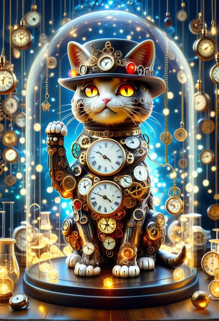 Clock_Style, Photorealistic full body portrait of steampunk inspired maneki-neko statue with a top hat and glowing amber eyes, sitting on a gold ingot, in a glass dome, wrapped in multicoloured fairy lights, surrounded by clocks and stopwatches