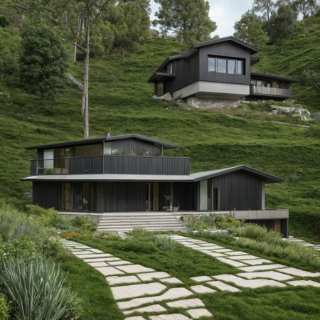 a single house on a hill, the house is entirely made of an element from the elemental table, high detail, hdr, elemental garden, complex house design
