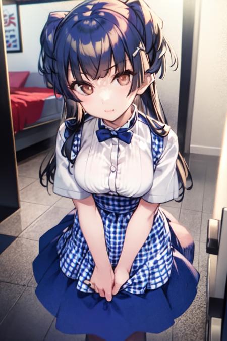 <lora:kobeya uniform_Loha:1>, kobeya uniform, skirt, breasts, white shirt, bow, shirt, blue apron, apron, blue bow, blue skirt, short sleeves, leaning forward, looking at viewer, bowtie, uniform, alternate costume, high-waist skirt, plaid, waitress, 1girl,, <lora:mayuzumi fuyuko:1>, mayuzumi fuyuko,