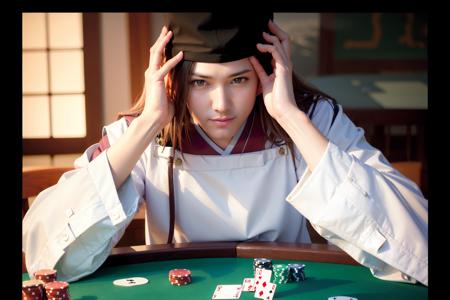 masterpiece, best quality,,1boy, hat, male focus,solo, kariginu, japanese clothes, poker,poker table,