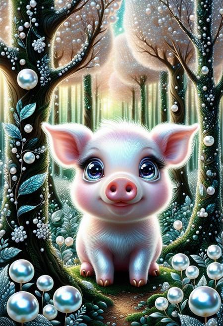 A cute pig, in a Pearlum forest, fantastical, looking around trees, whimsical, cute, big eyes  <lora:Pearlum_World_Morph:1>