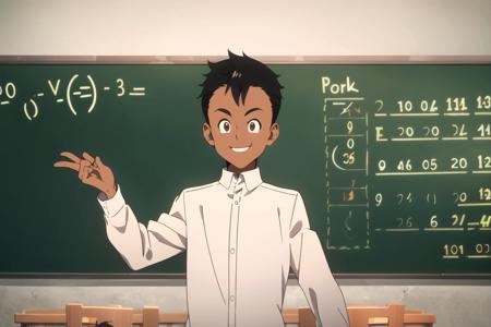 don, neverland, 1boy, solo, upper body, standing, (chalkboard:1.3, text, math), indoors, dark-skinned male, looking at viewer, shirt, black hair, smiling, white shirt, male focus, collared shirt, black eyes, parody, style parody, anime coloring, <lora:Don:0.7>