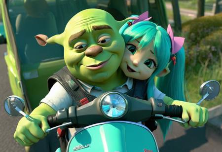Shrek is riding a scooter with Hatsune Miku sitting on the back seat. Miku is tightly hugging Shrek,her face pressed against his back. Shrek has a tired and apathetic expression,with a cigarette dangling from his mouth. The camera angle captures a side view of the scene,focusing on the characters and their expressions.,<lora:SDXLæå¶è¯¦ç»Lora:1>,<lora:Ponyç»èè°è_DetailV2.0-Lora:1>,