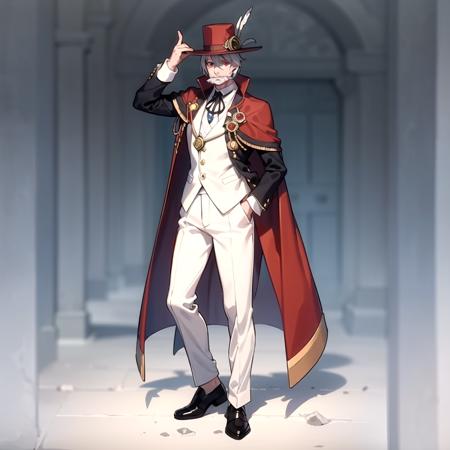 1boy, solo, multicolored eyes,heterochromia, cape, facial hair,hat,male focus,mustache, white shirt, short hair,white hair, full body, standing, hand on headwear, <lora:JackTheRipper:0.6>, monocle