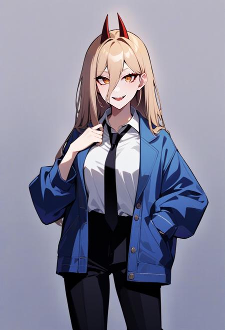 solo, 1girl, powerdef, sharp teeth, smile, \m/, blonde hair, cross-shaped pupils, blue jacket, white shirt, black necktie, black pants, rating: general, newest <lora:csm_power_xl-000004:1>